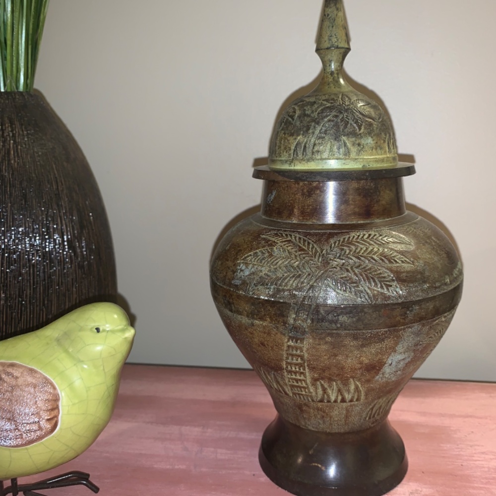 Vintage Solid Brass With Lid Ginger Jar 10” tall. etched with Palmetto trees.